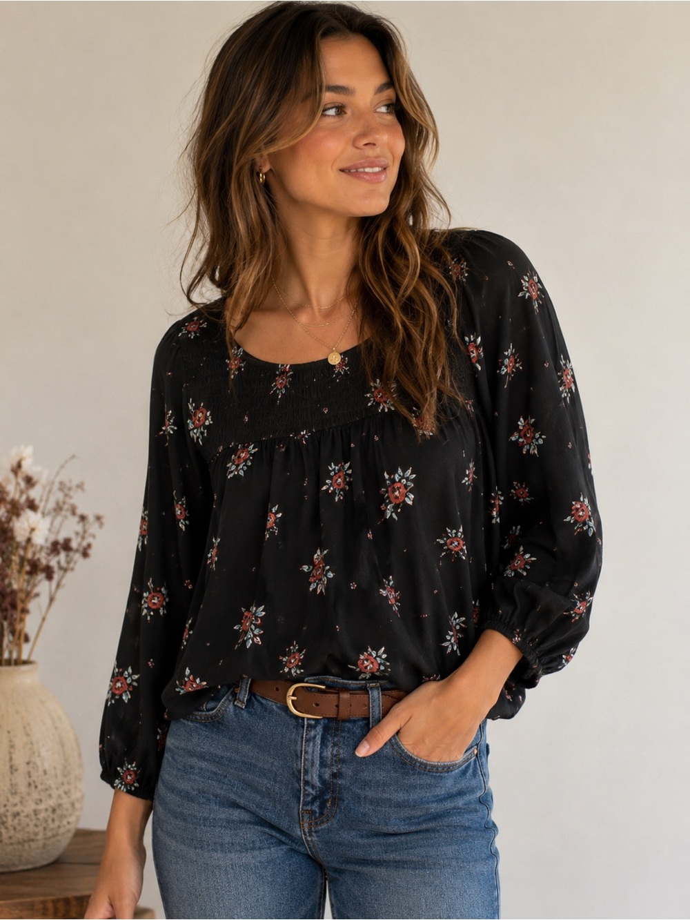 NWT J Jill Black Floral Peasant Blouse Boho Smocked Top Rayon M